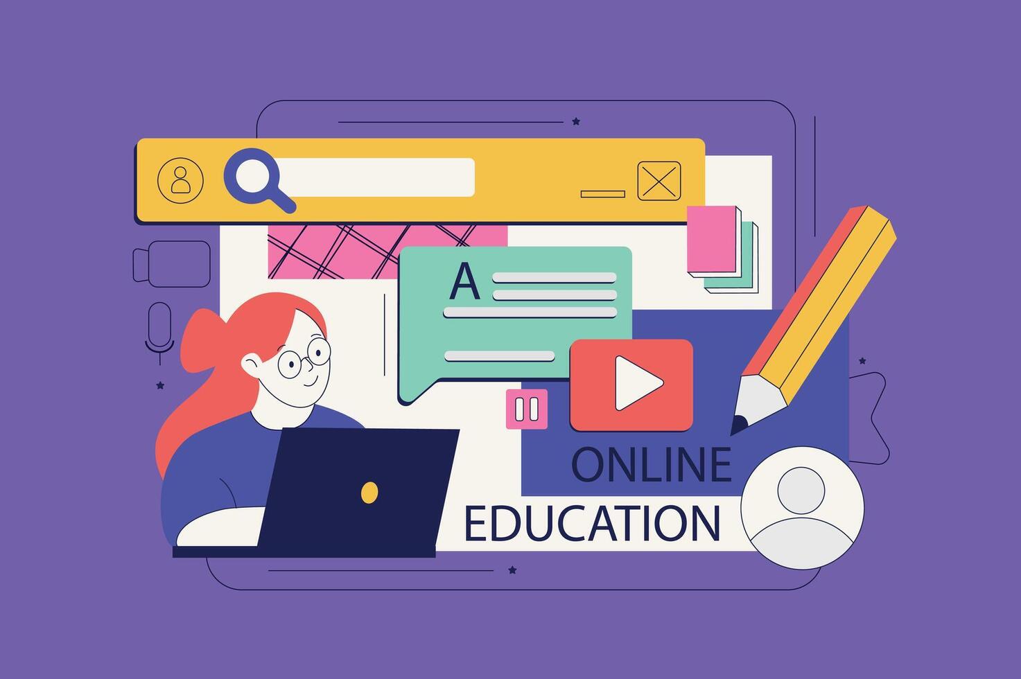 Online education concept in flat neo brutalism design for web. Student learning at video lessons, doing homework, searches information. Vector illustration for social media banner, marketing material.