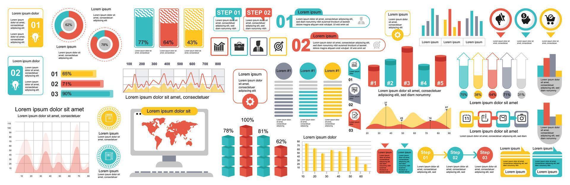 Mega set of infographic elements data visualization vector design template. Can be used for steps, options, business process, workflow, diagram, flowchart, timeline, marketing. Bundle info graphics.