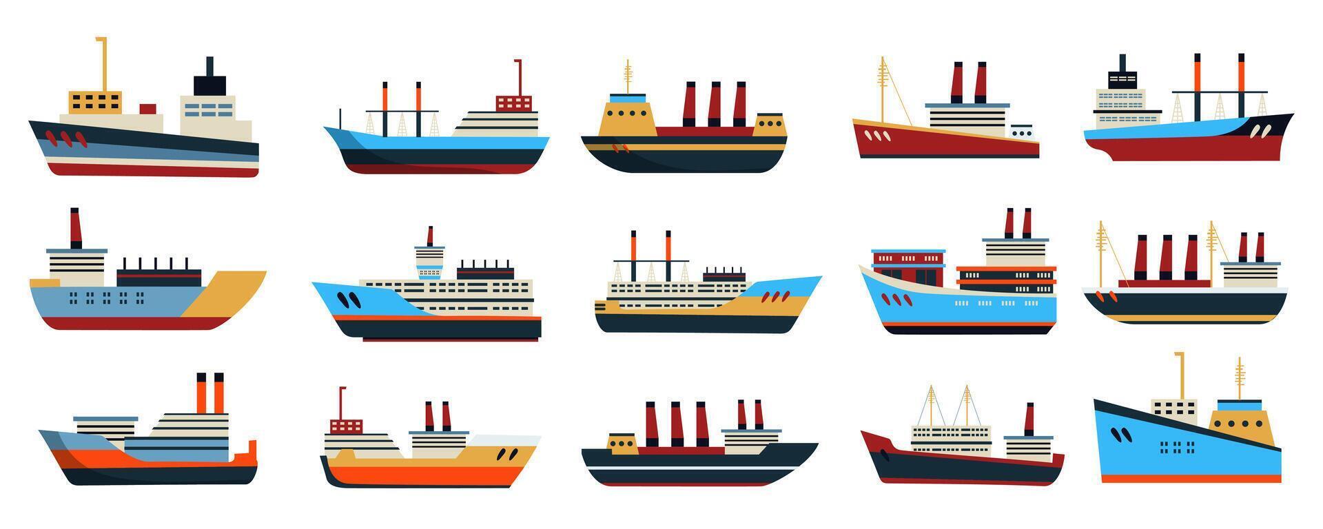 Sea ships and boats mega set in flat design. Bundle elements of water transportation vehicles, different types of sailboats, yachts, liners in side view. Vector illustration isolated graphic objects