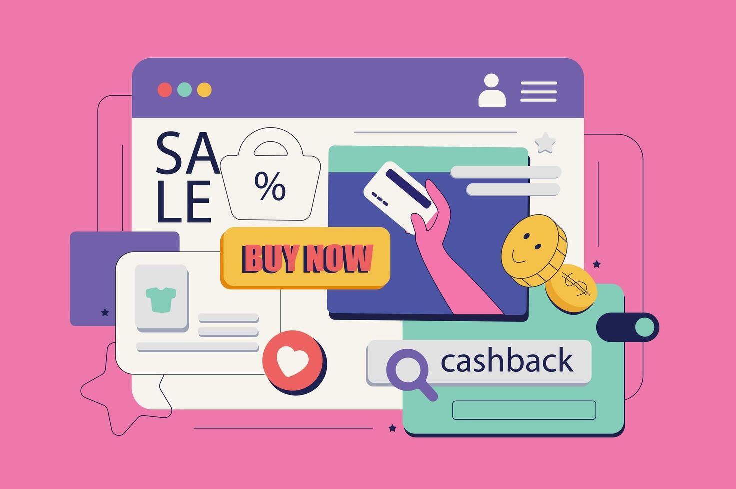 Commerce concept in flat neo brutalism design for web. Online shopping at sale, ordering goods with credit card payment at webpage. Vector illustration for social media banner, marketing material.