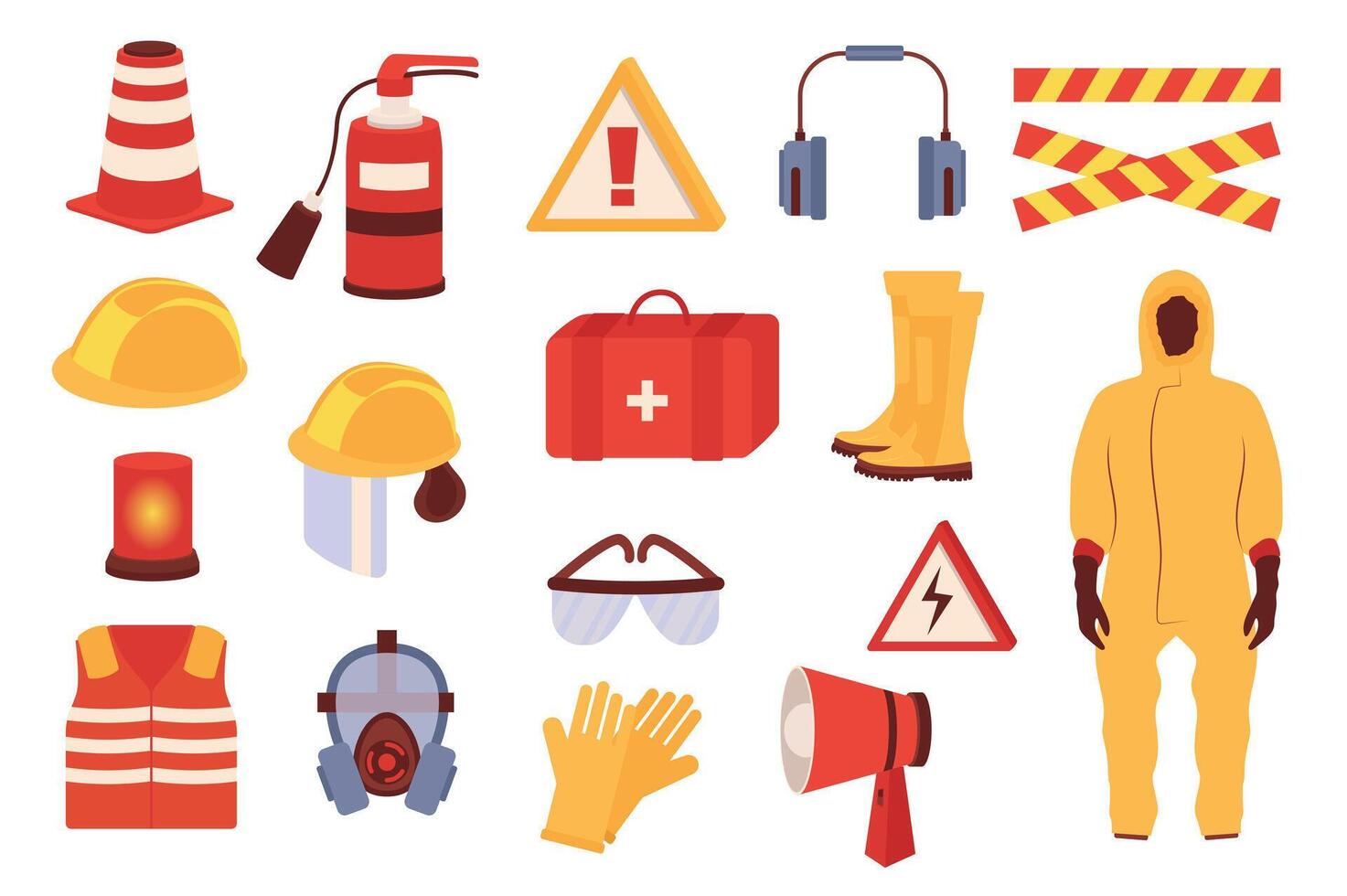 Protective equipment mega set in flat design. Bundle elements of security workwear and tools, helmet, rubber boots, gloves, safety suit, respirator, other. Vector illustration isolated graphic objects