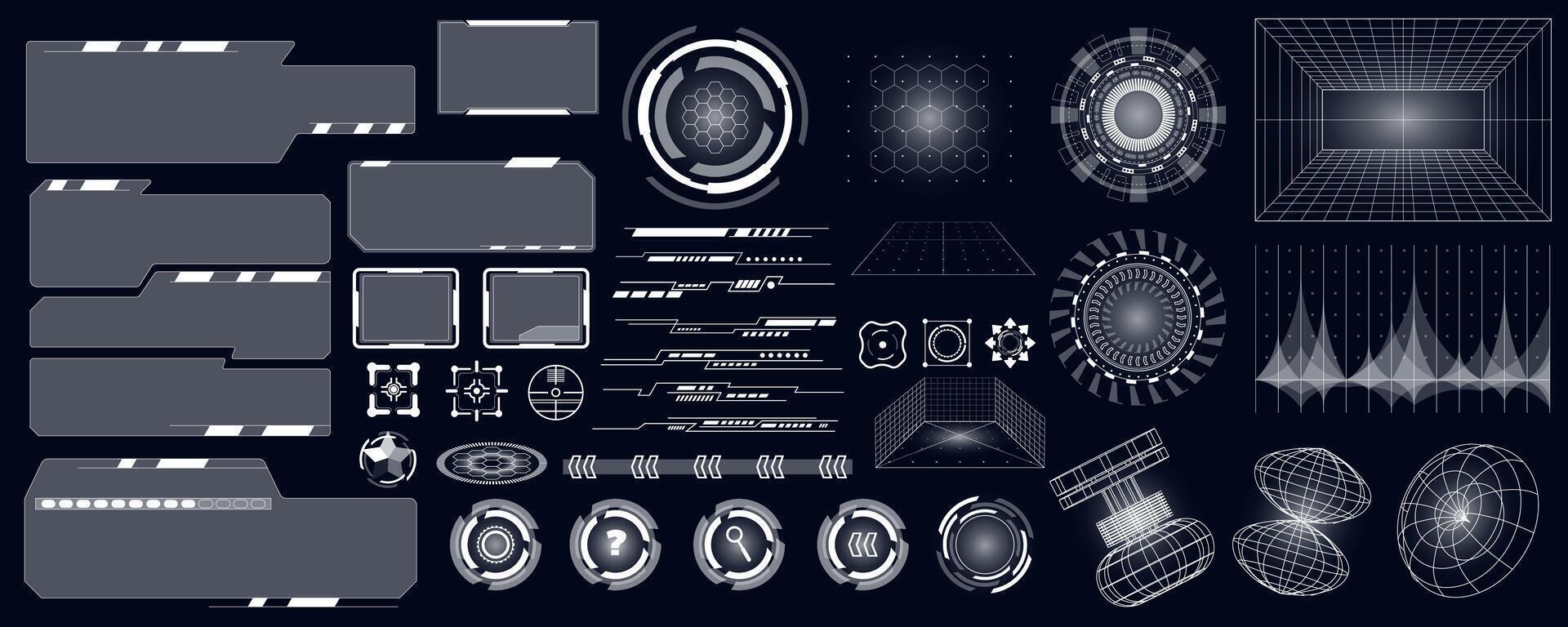 Cyberpunk futuristic user interface mega set in flat design. Bundle elements of hud dashboard, gui elements, vr hologram, ui templates with buttons, bars. Vector illustration isolated graphic objects