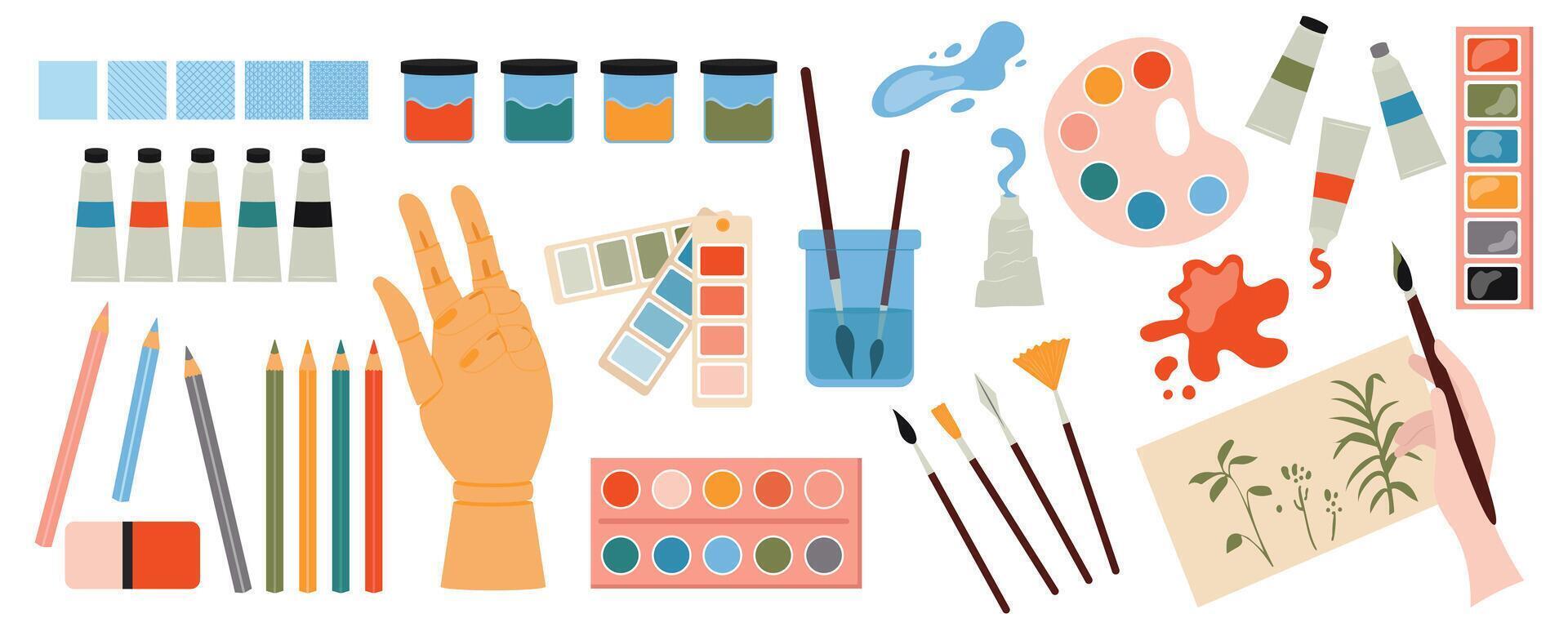 Painting tools mega set in flat design. Bundle elements of watercolor or acrylic paint tubes, brushes, pencils, palette, colours swatch, mannequin hand. Vector illustration isolated graphic objects