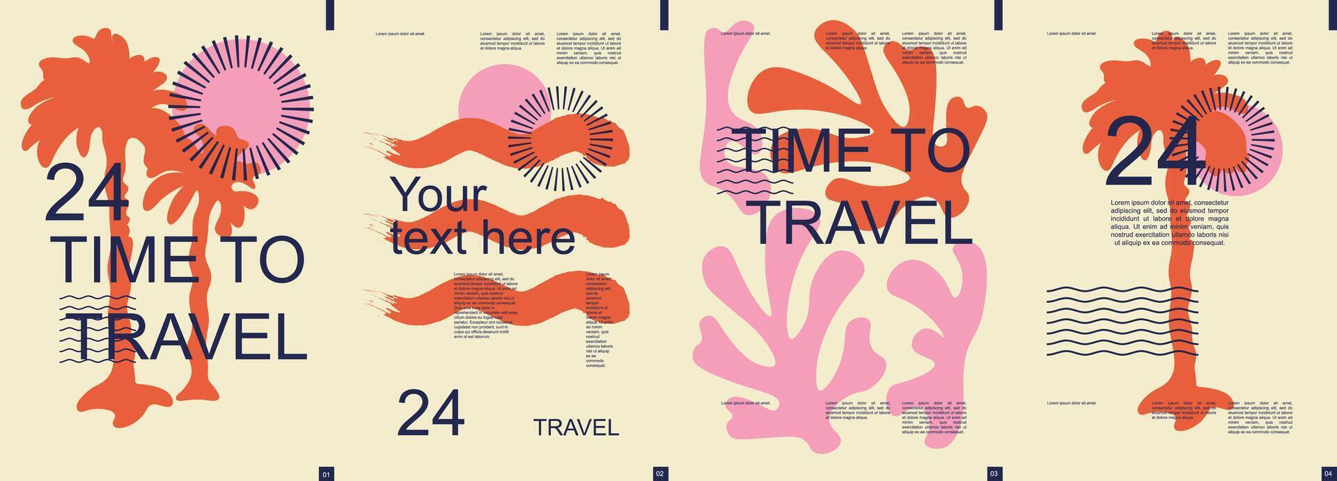 Travel modern banner with trendy minimalist typography design. Poster templates with colorful palm trees, plants and sun shapes and text elements for summertime vacation tour. Vector illustration.