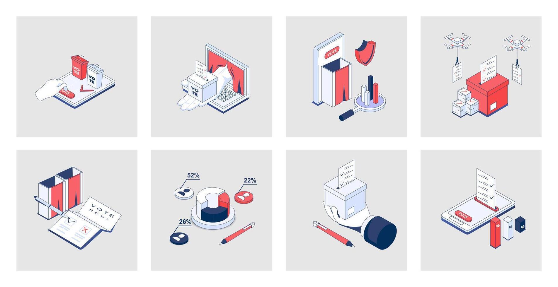 Election and voting concept of isometric icons in 3d isometry design for web. Online vote system, democratic choice, candidate support, political ratings, democracy and politic. Vector illustration