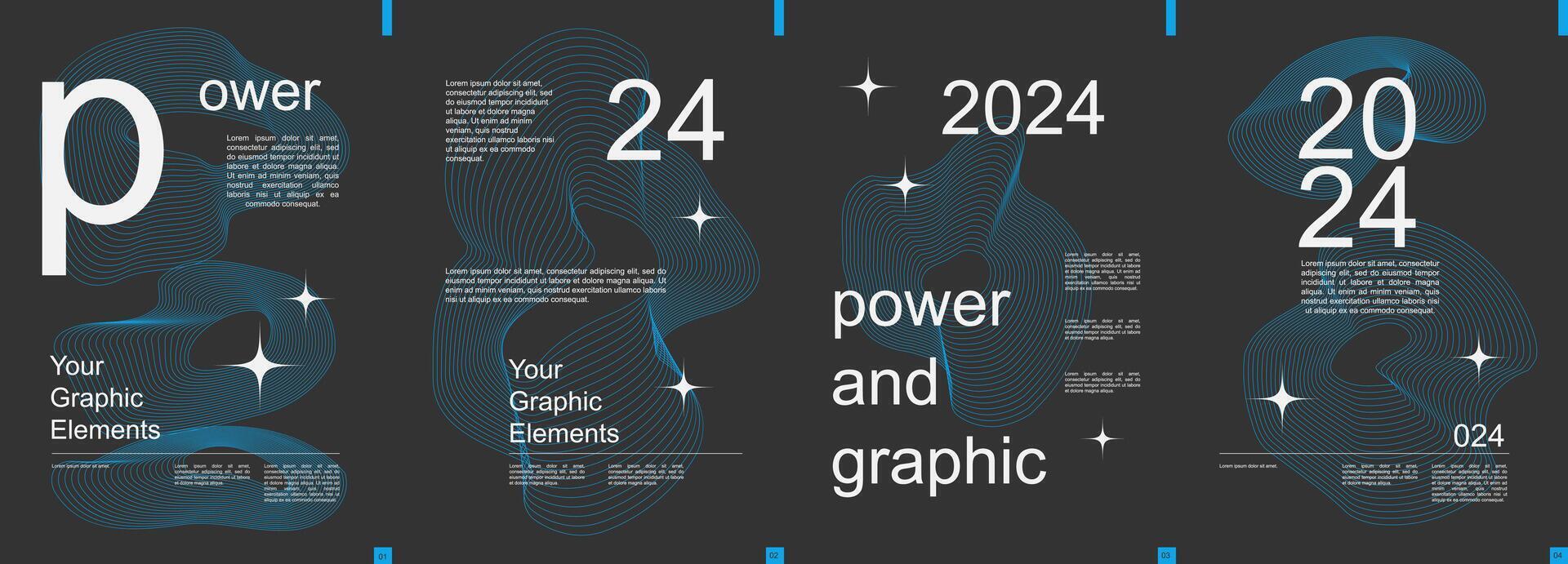 Geometric modern banner with trendy minimalist typography design. Poster templates with dynamic grids of fractal lines in round forms and wavy shapes and text elements on dark. Vector illustration.
