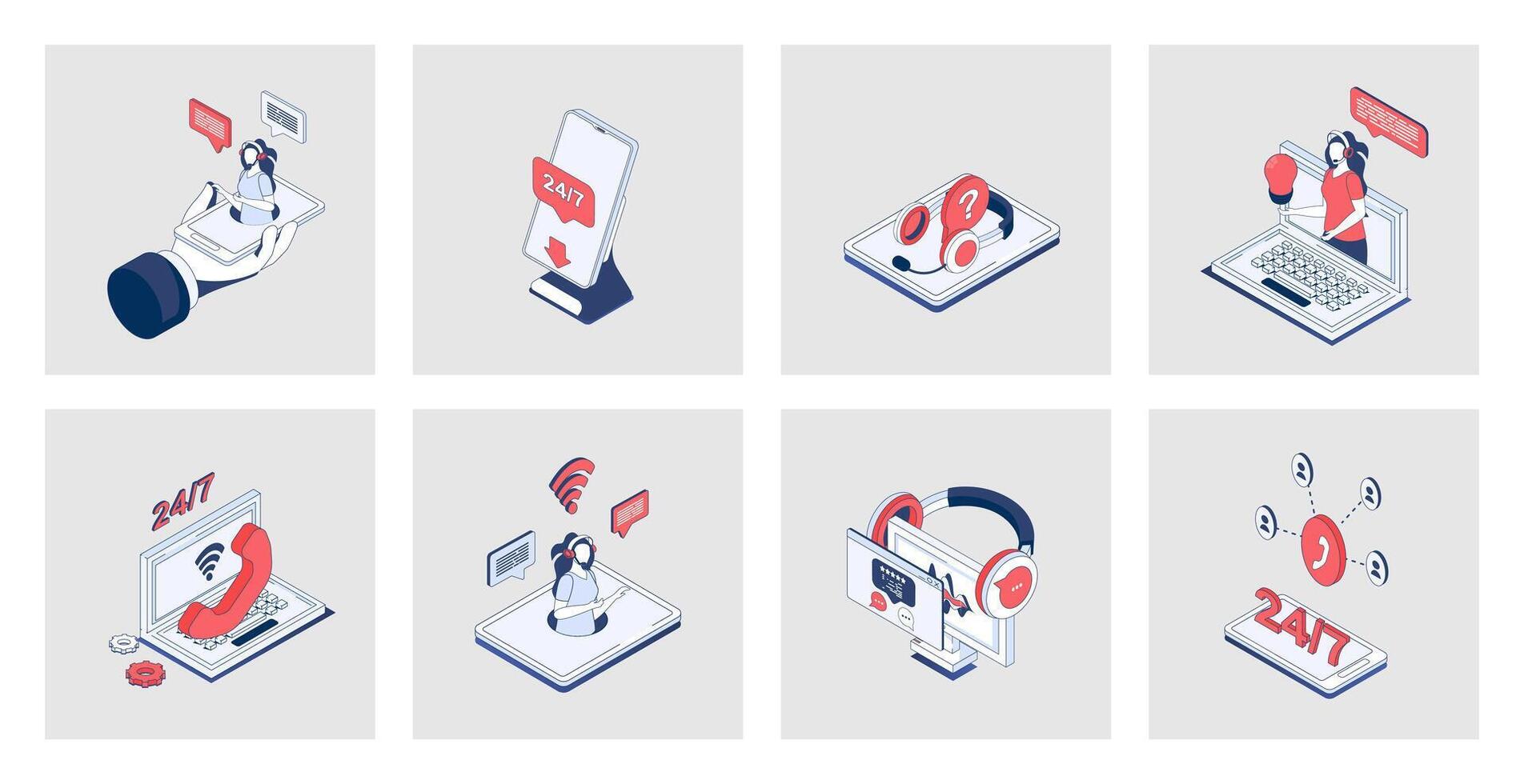 Customer support concept of isometric icons in 3d isometry design for web. Online assistance and business communication, technical solution center with operators, client feedback. Vector illustration