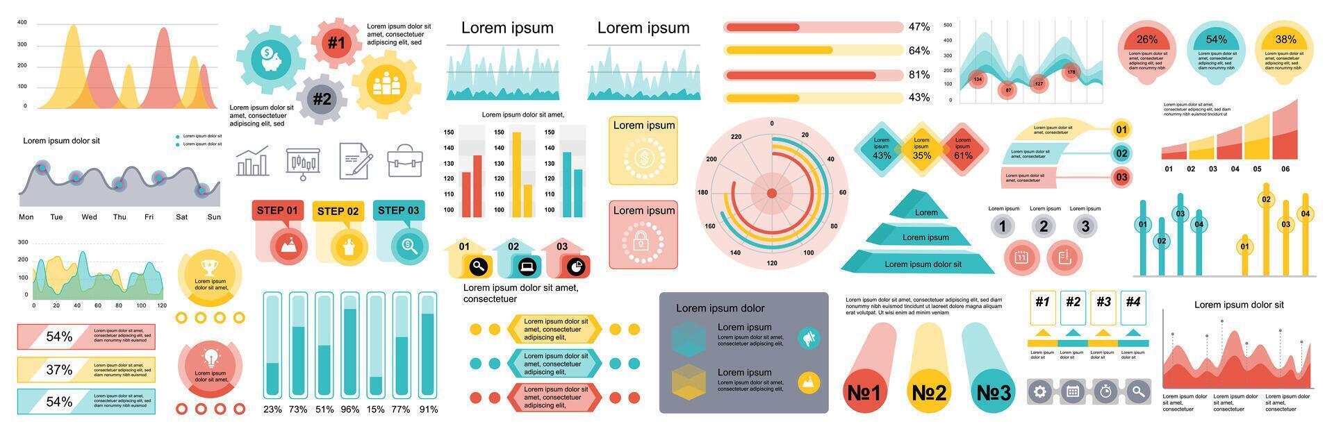 Mega set of infographic elements data visualization vector design template. Can be used for steps, options, business process, workflow, diagram, flowchart, timeline, marketing. Bundle info graphics.