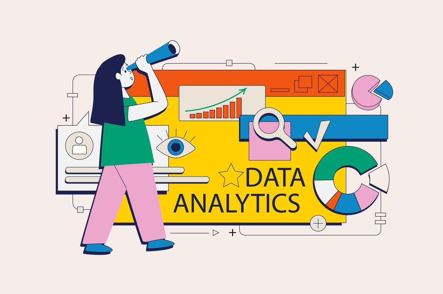 datos analítica concepto en plano neo brutalismo diseño para web. mujer investigando diagramas y gráficos, analizando en línea reporte a pantalla. vector ilustración para social medios de comunicación bandera, márketing material.