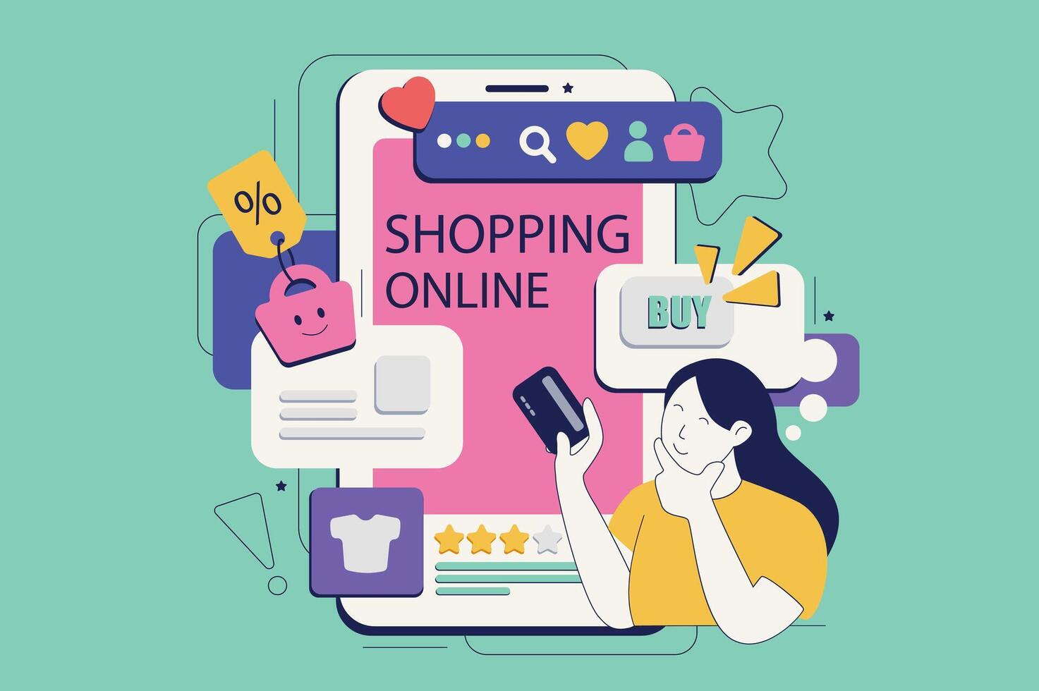 en línea compras concepto en plano neo brutalismo diseño para web. mujer haciendo compras orden con descuentos y pago en teléfono inteligente aplicación vector ilustración para social medios de comunicación bandera, márketing material.