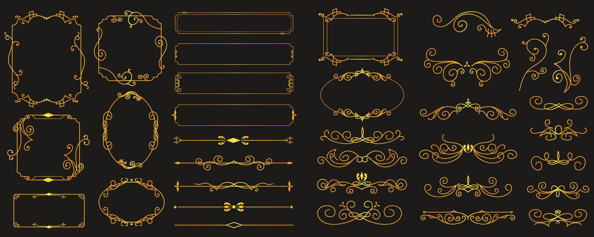 oro Clásico marcos mega conjunto en plano diseño. haz elementos de resumen línea clásico decorativo fronteras, divisores y plantillas cuadrado o circulo formularios vector ilustración aislado gráfico objetos