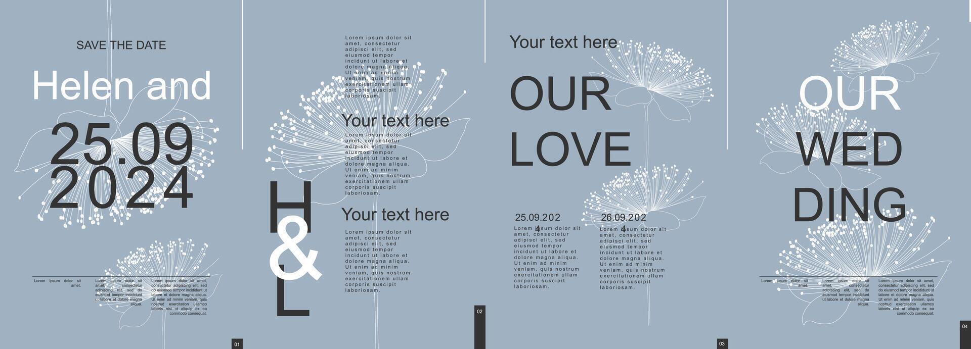 Wedding modern banner with trendy minimalist typography design. Poster templates with simple elegant flower line silhouettes, date and text elements for ceremony invitation. Vector illustration.