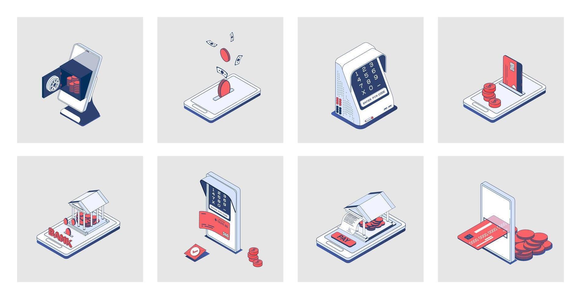 Mobile banking concept of isometric icons in 3d isometry design for web. Online payment, saving money in bank safe, financial management in app, electronic wallet transactions. Vector illustration