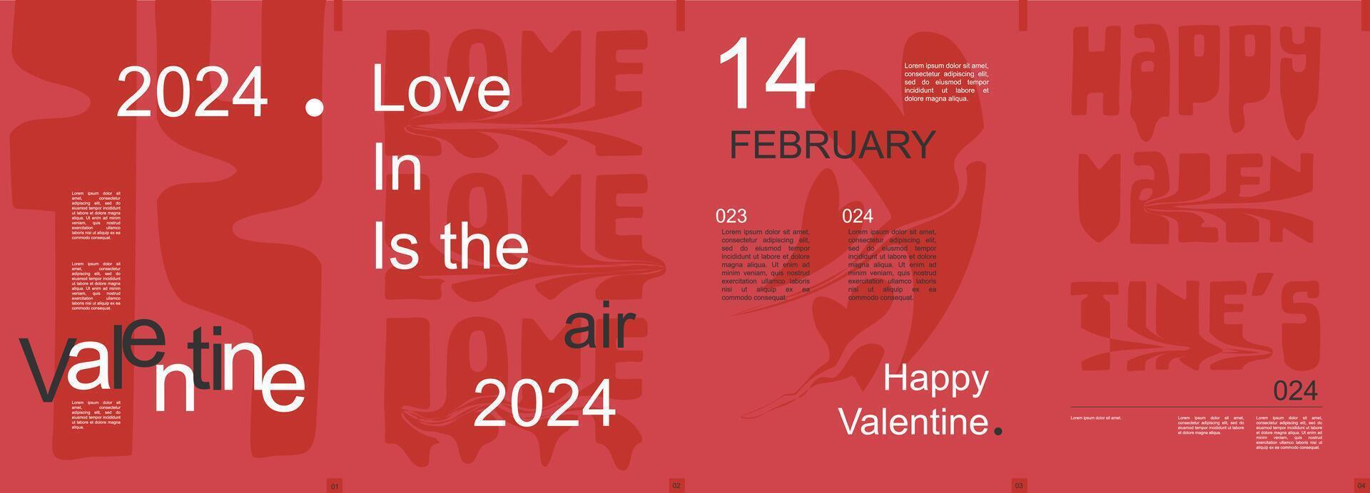 Valentine day modern banner with trendy minimalist typography design. Poster templates with heart symbols and love quotes with glitch effect and text elements on red backdrop. Vector illustration.