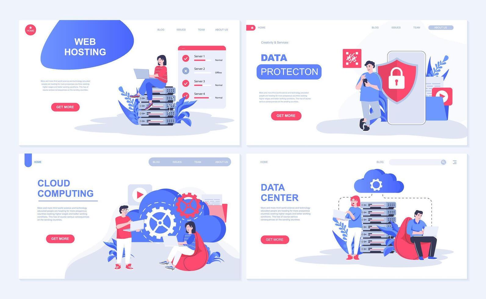 Cloud computing and web hosting concept for landing page in flat design. Users computing online and datacenter service with data protection. Vector illustration with people characters for homepage