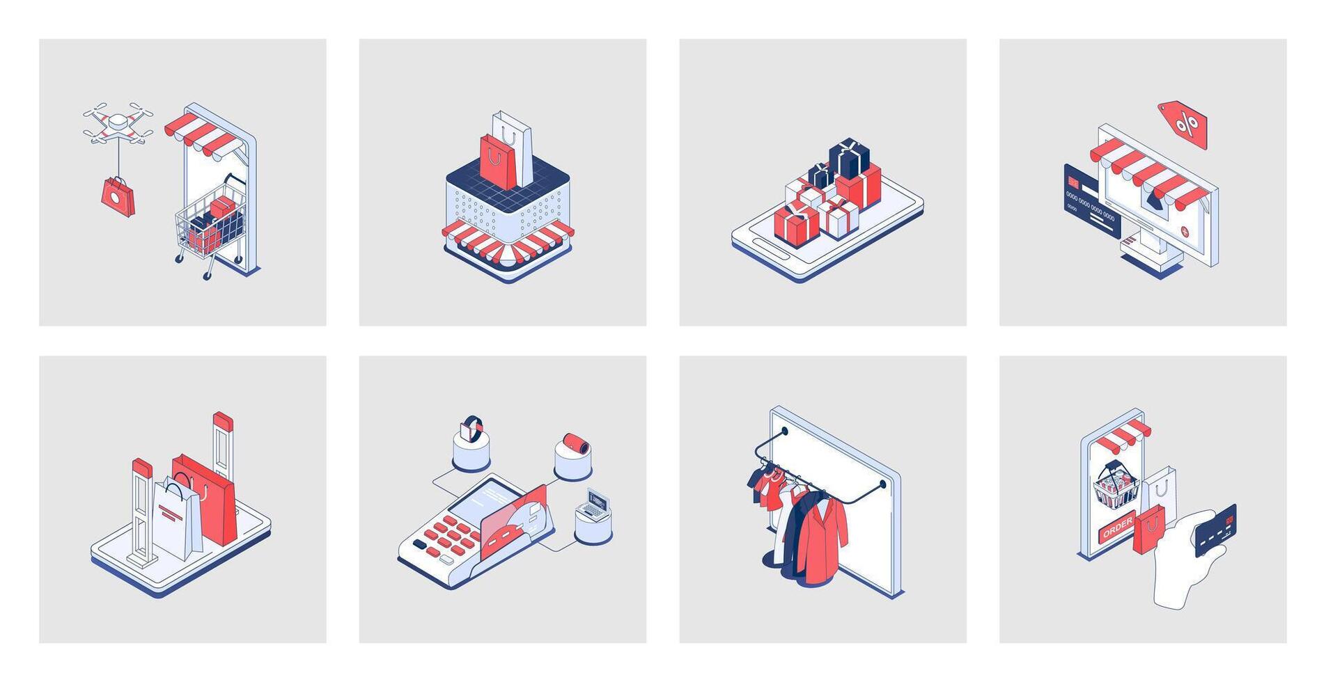 Shopping concept of isometric icons in 3d isometry design for web. Online purchasing, buying new goods in retail stores and shops, credit card payment with delivery service. Vector illustration