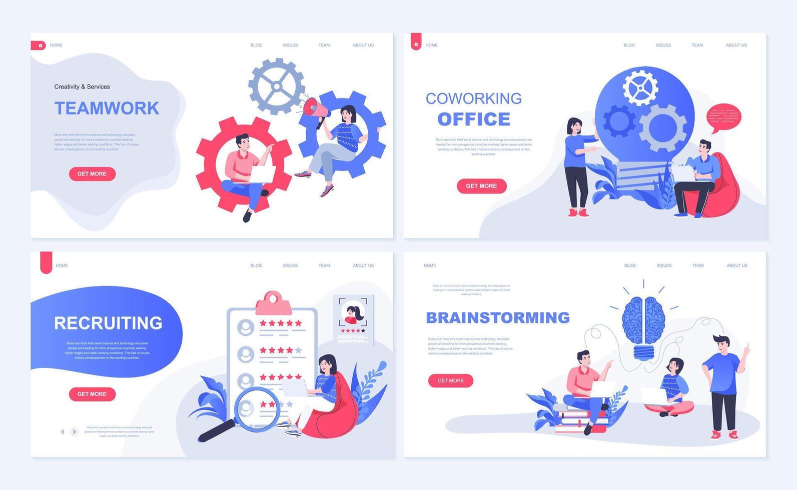 Coworking office and teamwork web concept for landing page in flat design. Staff team working and brainstorming, company employment, recruiting. Vector illustration with people characters for homepage