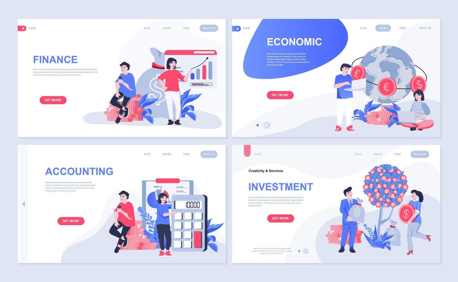 Finanzas y económico web concepto para aterrizaje página en plano diseño. contabilidad y inversión estrategia, financiero informe, creciente ganancias. vector ilustración con personas caracteres para página principal