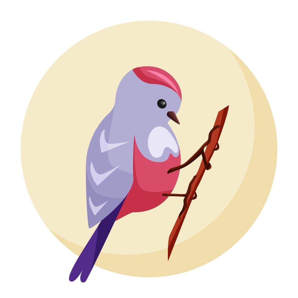 The design of small bird in pink and blue in cartoon style. Bird on yellow background from circle for the design of layouts, cards and infographics. Minimalistic spring composition. vector