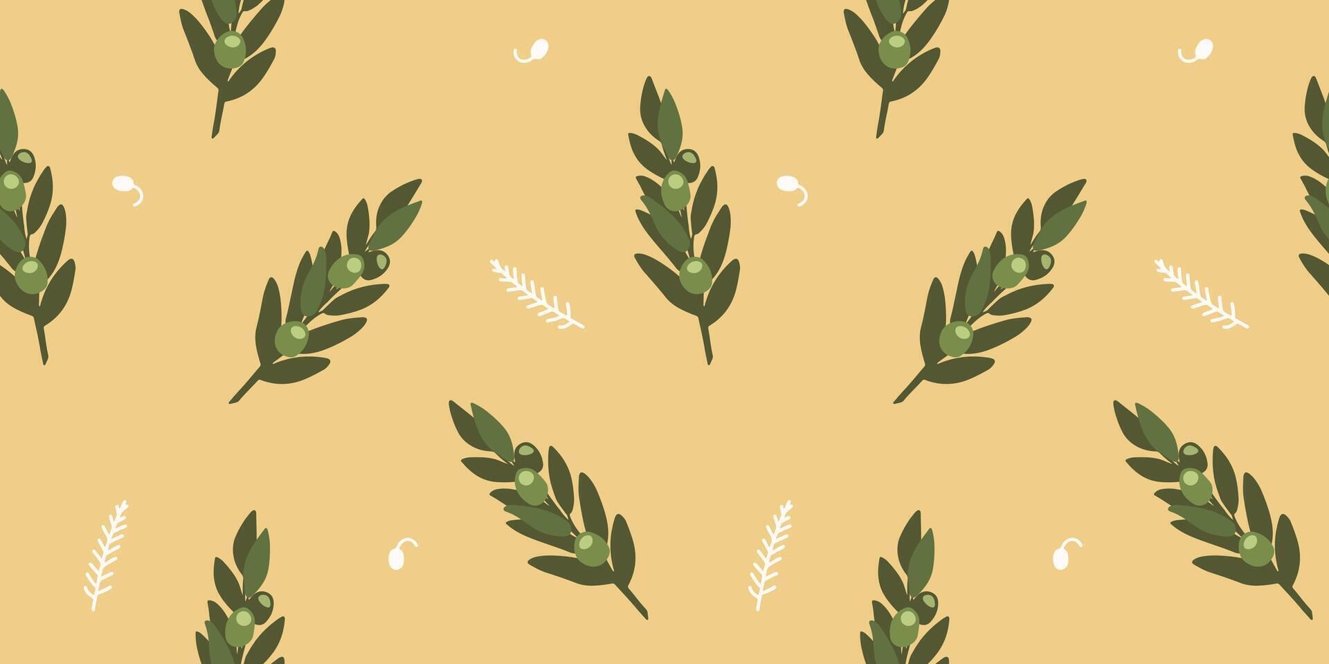 Ancient Greek seamless pattern on yellow background with green olive twigs and fir twigs. Floral pattern for unique designs, textiles and wrapping paper vector