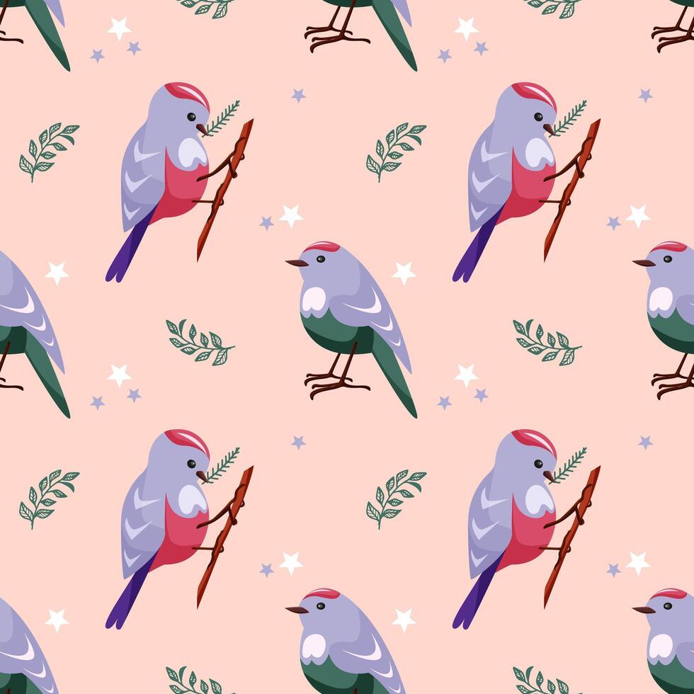 Seamless pattern with cute blue birds in cartoon style. Bird on a twig and a bird standing on a pink background with flowers and stars. Spring pattern for printing and decorating vector
