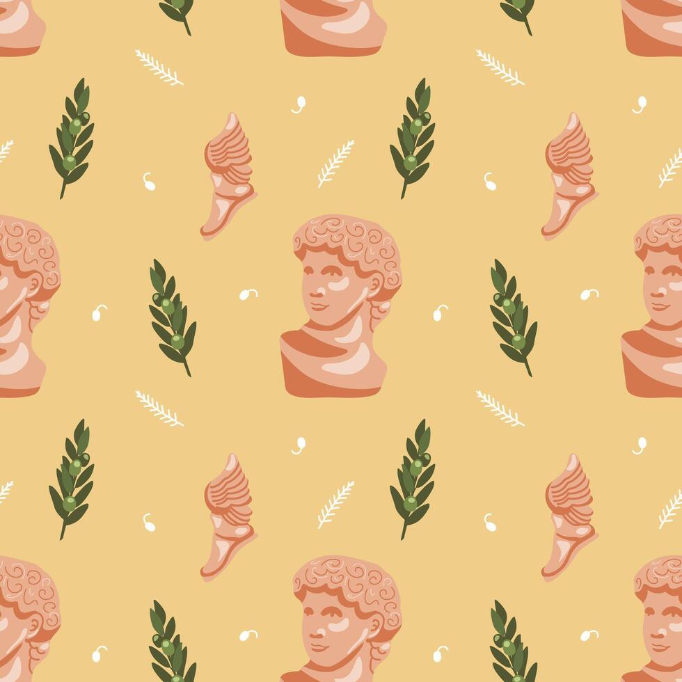 Ancient Greek seamless pattern on yellow background with bust of David, sandals with wings and olive branches. Historical pattern for unique designs and wrapping paper vector