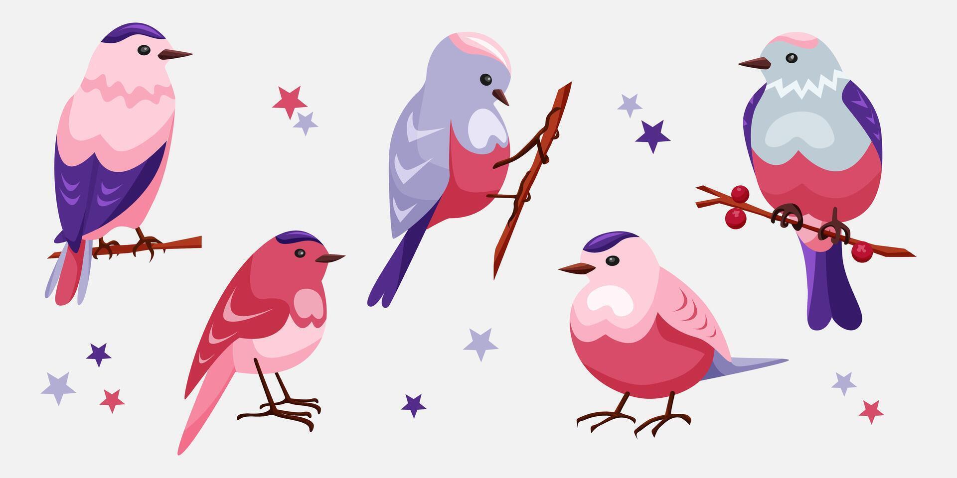 Set of cute seasonal birds in pink and blue. Sparrows on a twig. Spring and winter birds for a cute cartoon-style design. Birds in different positions with stars vector