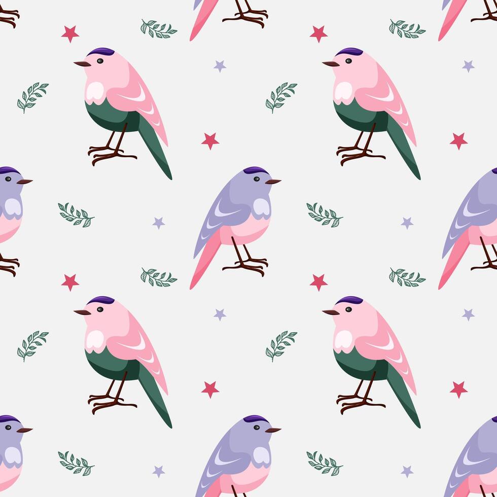 Seamless pattern with cute blue, pink and green cartoon-style birds. The bird stands on a blue background with twigs and stars. Spring pattern for printing and decorating vector
