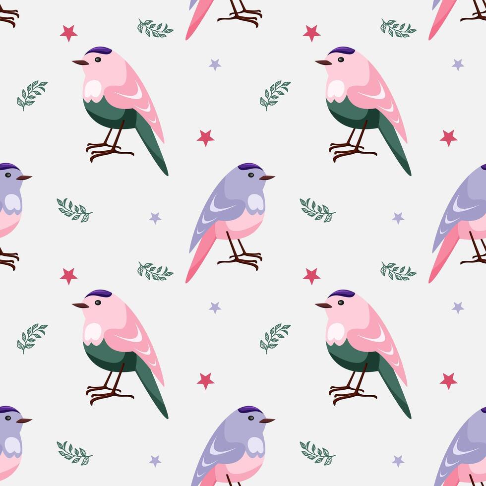 Seamless pattern with cute blue, pink and green cartoon-style birds. The bird stands on a blue background with twigs and stars. Spring pattern for printing and decorating vector