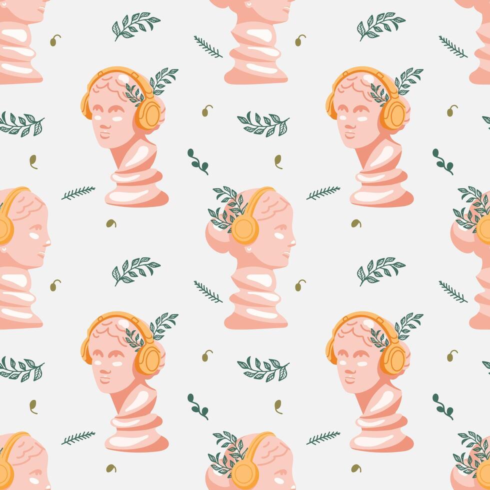 Fashionable seamless pattern with bust of Venus listening to music in bright yellow headphones on blue background. Modern pattern for unique designs, textiles and wrapping paper vector