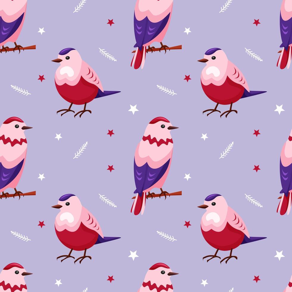 sin costura modelo con linda rosado estilo de dibujos animados aves. el pájaro soportes en un azul antecedentes con leña menuda y estrellas. primavera modelo para impresión y decorando vector