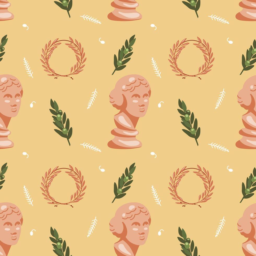 Ancient Greek seamless pattern on yellow background with Venus, green olive twigs, winner's wreath and fir twigs. Historical pattern for unique designs, textiles and wrapping paper vector