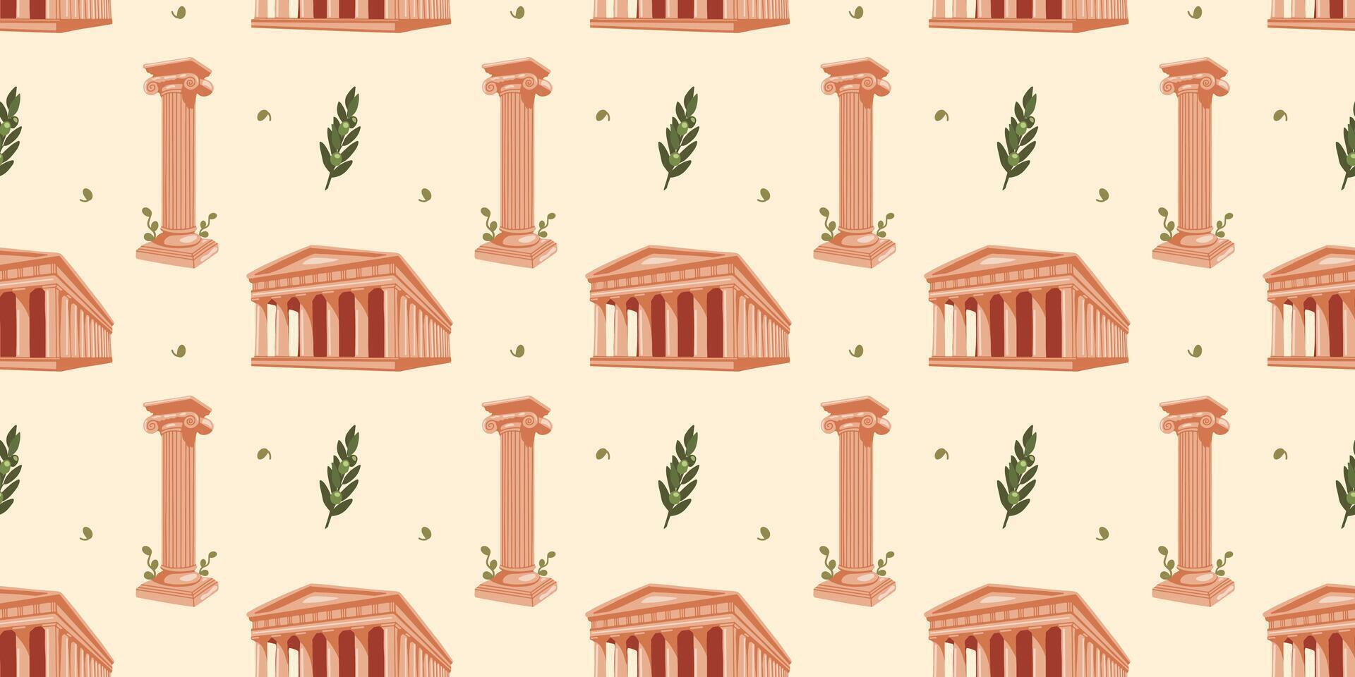 Seamless pattern with Greek motifs. Ancient Greek temple and column with olive elements on beige background for unique designs. Historical and museum values. Wrapping paper, postcards, printing vector
