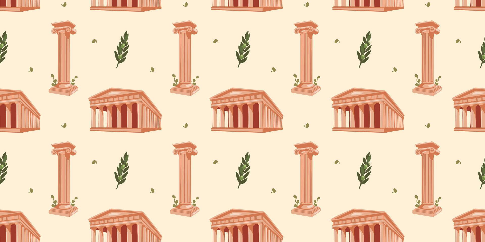 Seamless pattern with Greek motifs. Ancient Greek temple and column with olive elements on beige background for unique designs. Historical and museum values. Wrapping paper, postcards, printing vector