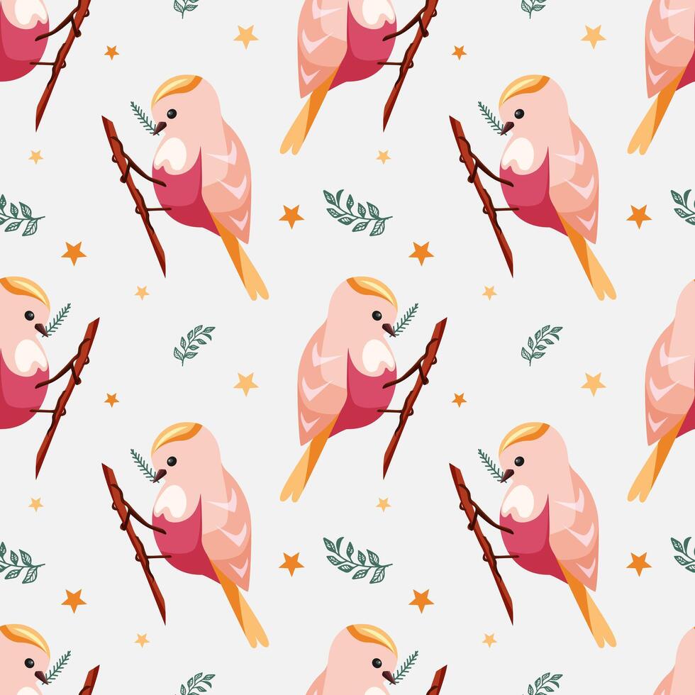 Seamless pattern with cute little birds in cartoon style. Bird with a golden crest holds a twig in its beak on a blue background with flowers and stars. Spring pattern for printing and decoration vector
