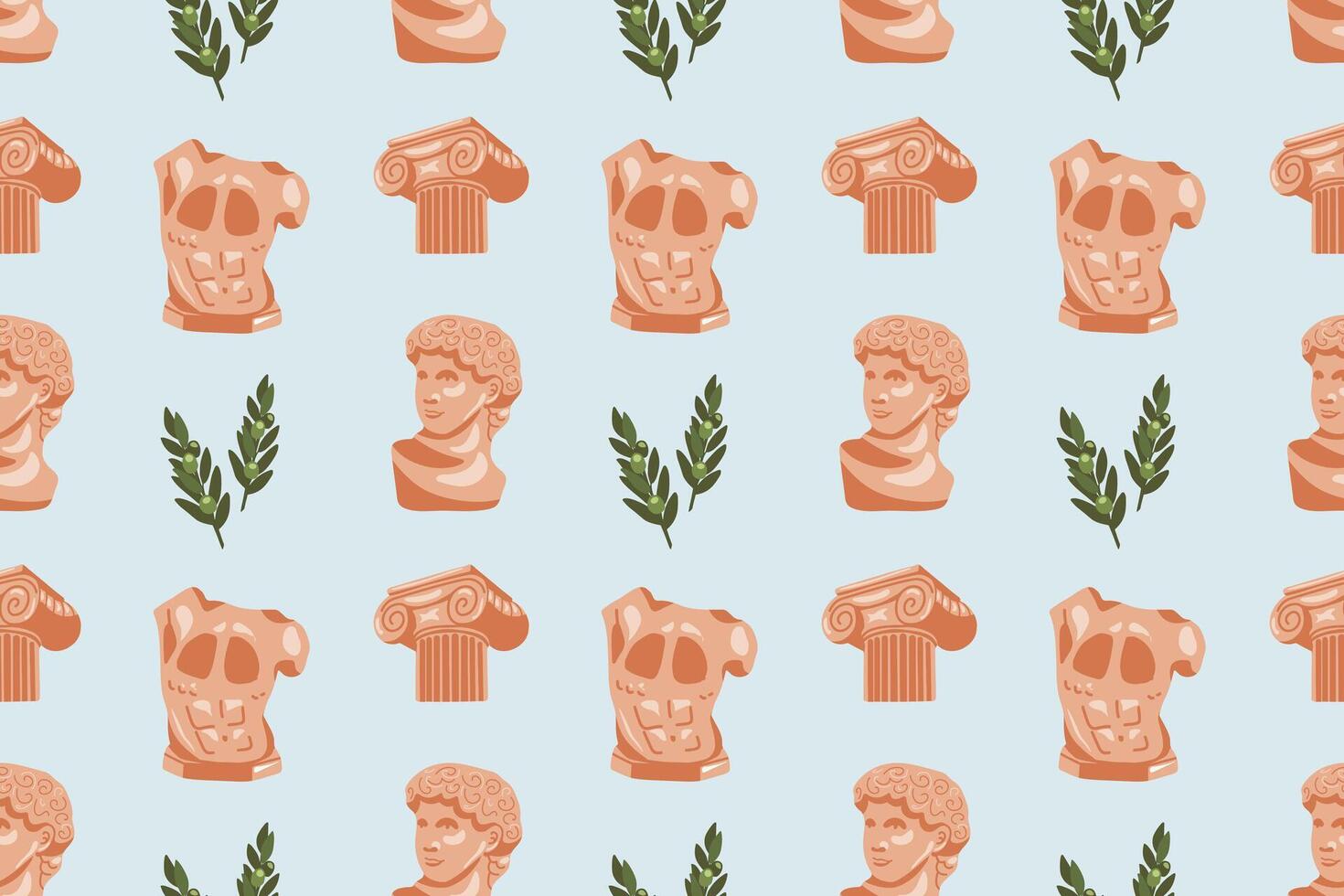 Ancient Greek seamless pattern on blue background with bust of Apollo, statue, column and olive branches on blue sky background. Historical pattern for unique designs and wrapping paper vector