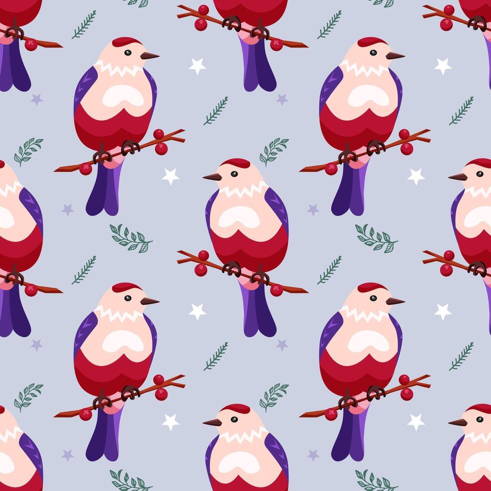 Seamless pattern with cute pink birds in cartoon style. Bird is sitting on a twig with berries on a blue background with twigs and stars. Spring and winter pattern for printing and decoration vector