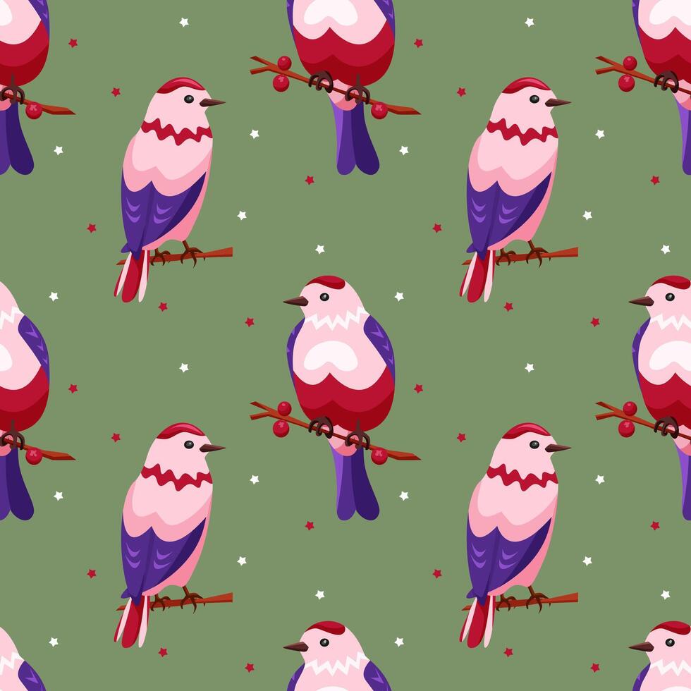 Seamless pattern with cute pink birds in cartoon style. Bird sits on a twig with berries on a green background with stars. Spring pattern for printing and decorating vector