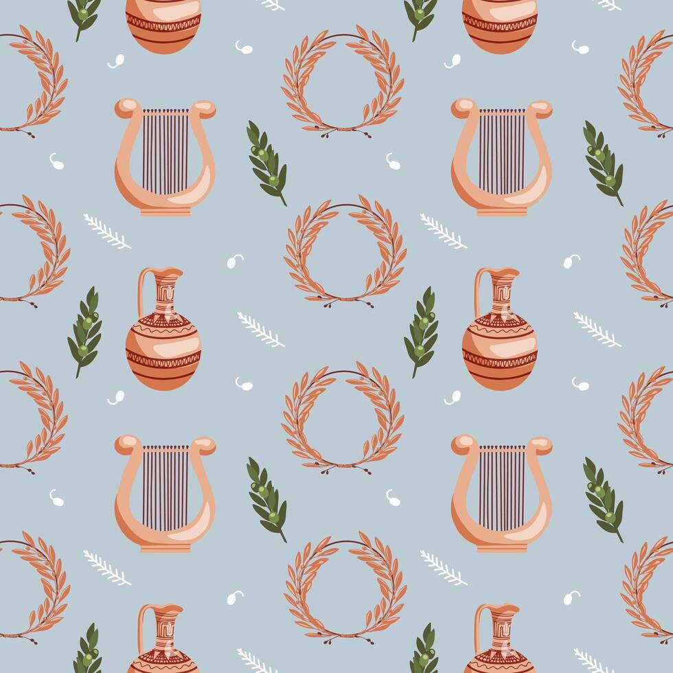Ancient Greek seamless pattern on blue background with a winner's wreath of wild olive twigs, harp and jug on a blue sky background. Historical pattern for unique designs and wrapping paper vector
