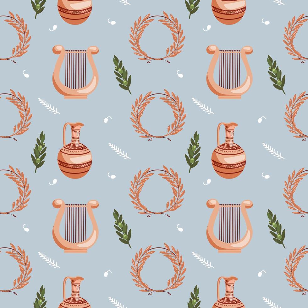 Ancient Greek seamless pattern on blue background with a winner's wreath of wild olive twigs, harp and jug on a blue sky background. Historical pattern for unique designs and wrapping paper vector