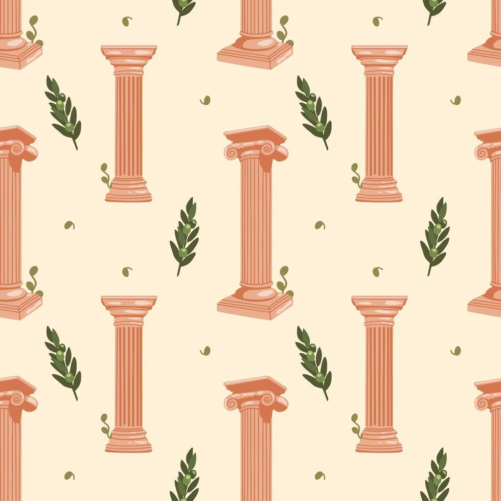 Seamless pattern with Greek motifs. Ancient column with olive elements on beige background for unique designs. Historical and museum values. Wrapping paper, postcards, printing vector