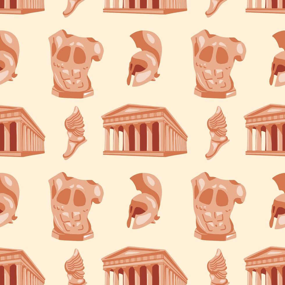 Seamless pattern with Greek motifs. An ancient Greek temple, a warrior's helmet, a statue of a torso and sandals with wings on a beige background for unique designs. Historical and museum value vector