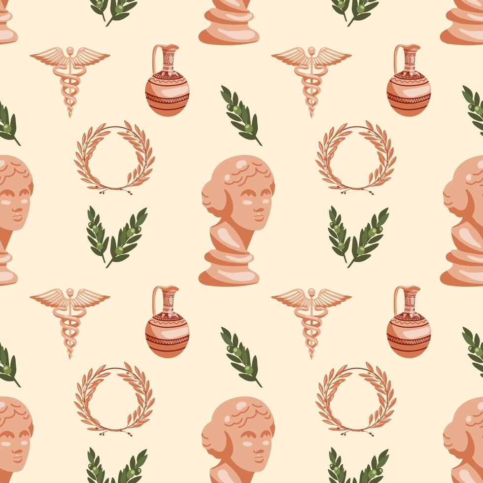 Seamless pattern with Greek motifs. Jug, Venus, winner's wreath on beige background for unique designs. Historical and museum values. Wrapping paper, postcards, printing vector