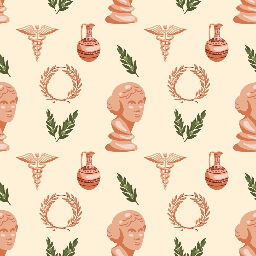 Seamless pattern with Greek motifs. Jug, Venus, winner's wreath on beige background for unique designs. Historical and museum values. Wrapping paper, postcards, printing vector