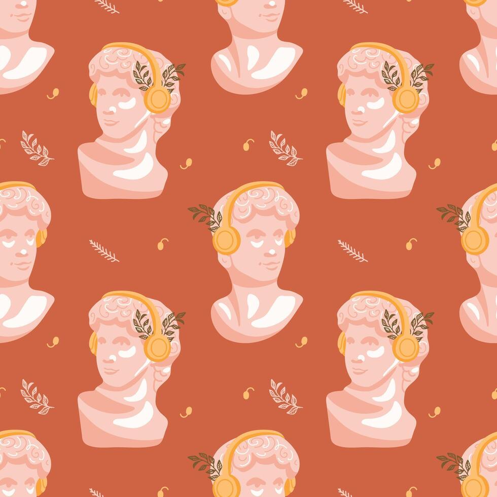 Fashionable seamless pattern with bust of David listening to music in bright yellow headphones. Modern pattern for unique designs, textiles and wrapping paper vector