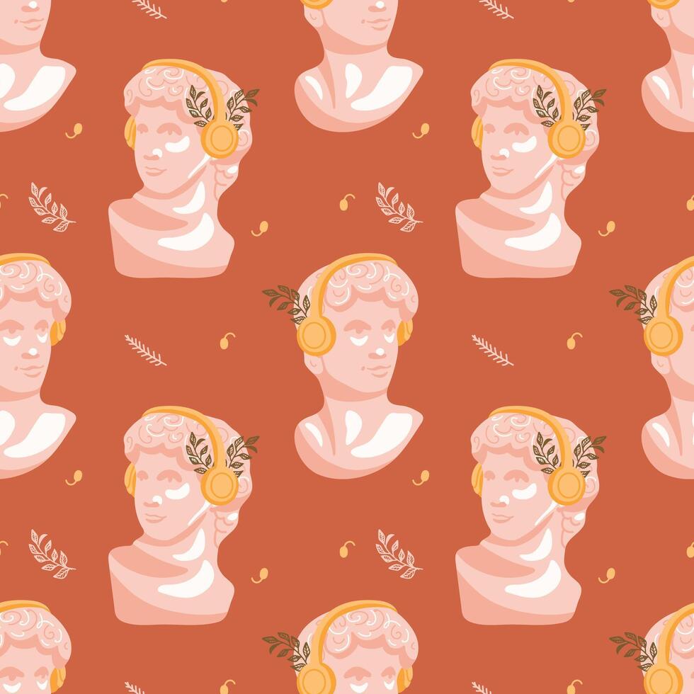 Fashionable seamless pattern with bust of David listening to music in bright yellow headphones. Modern pattern for unique designs, textiles and wrapping paper vector