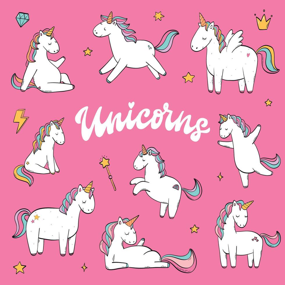 set of cute hand drawn unicorns decorated with doodles and lettering quote on pink background for nursery stickers, sublimation, cards, posters, kids apparel, etc. EPS 10 vector