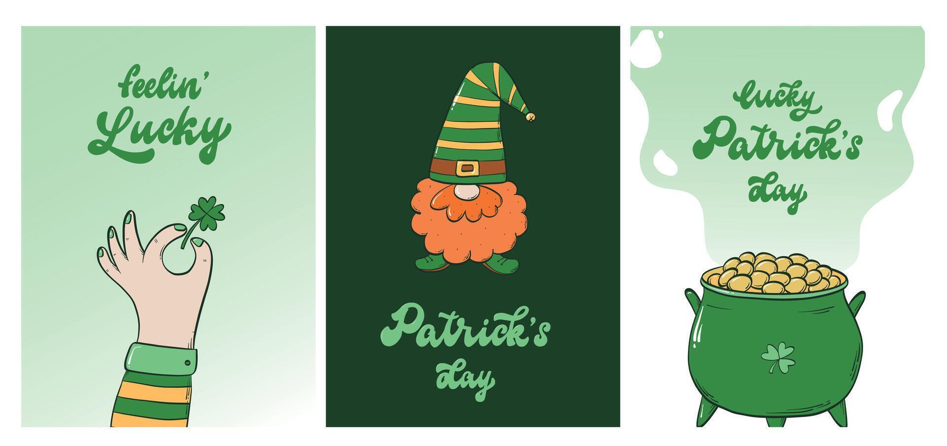 set of Patrick's day greeting cards, posters, banners, invitations decorated with doodles and lettering quotes. EPS 10 vector