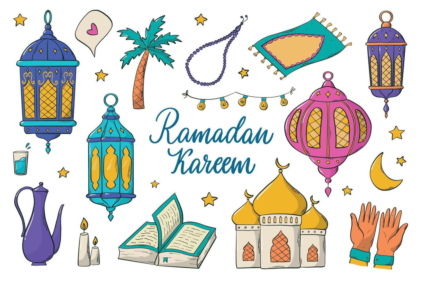 Set of Ramadan doodles, islamic clipart, cartoon elements for stickers, prints, cards, signs, sublimation, decor, etc. EPS 10 vector