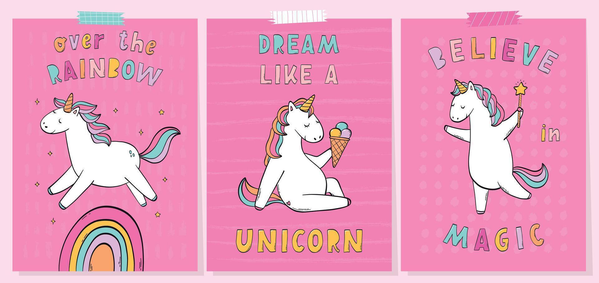Set of posters, prints, cards, banners decorated with hand drawn unicorns and lettering quotes. EPS 10 vector